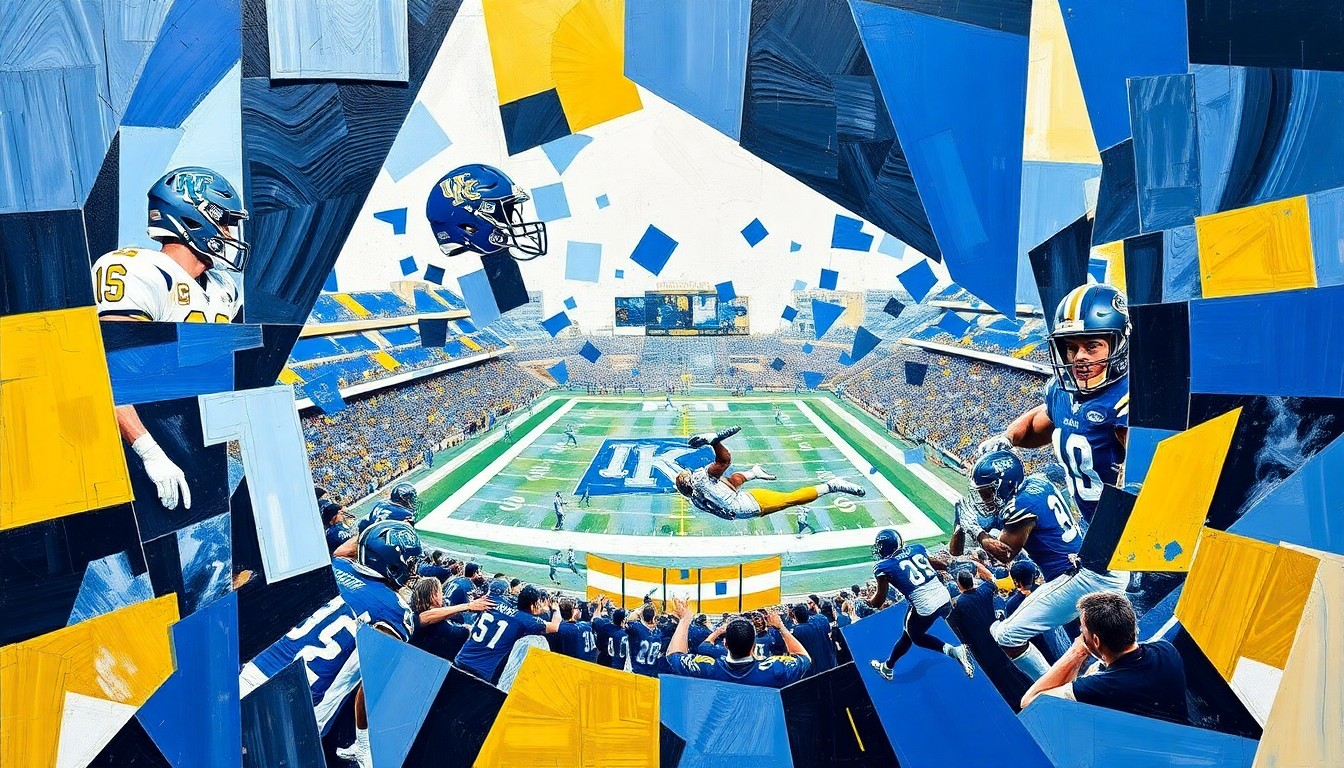 A fractured, multi-perspective painting featuring sharp, overlapping geometric planes in shades of blue, white, and gold, conceptually representing the dynamic energy and potential of a young quarterback joining the Kentucky Wildcats football program.
