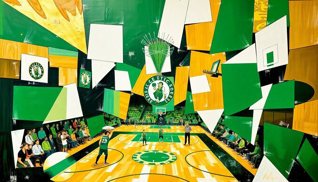 A cubist, geometric painting depicting a Celtics basketball game, with sharp, overlapping planes of green, white, and gold representing the team's dynamic play without their star player.