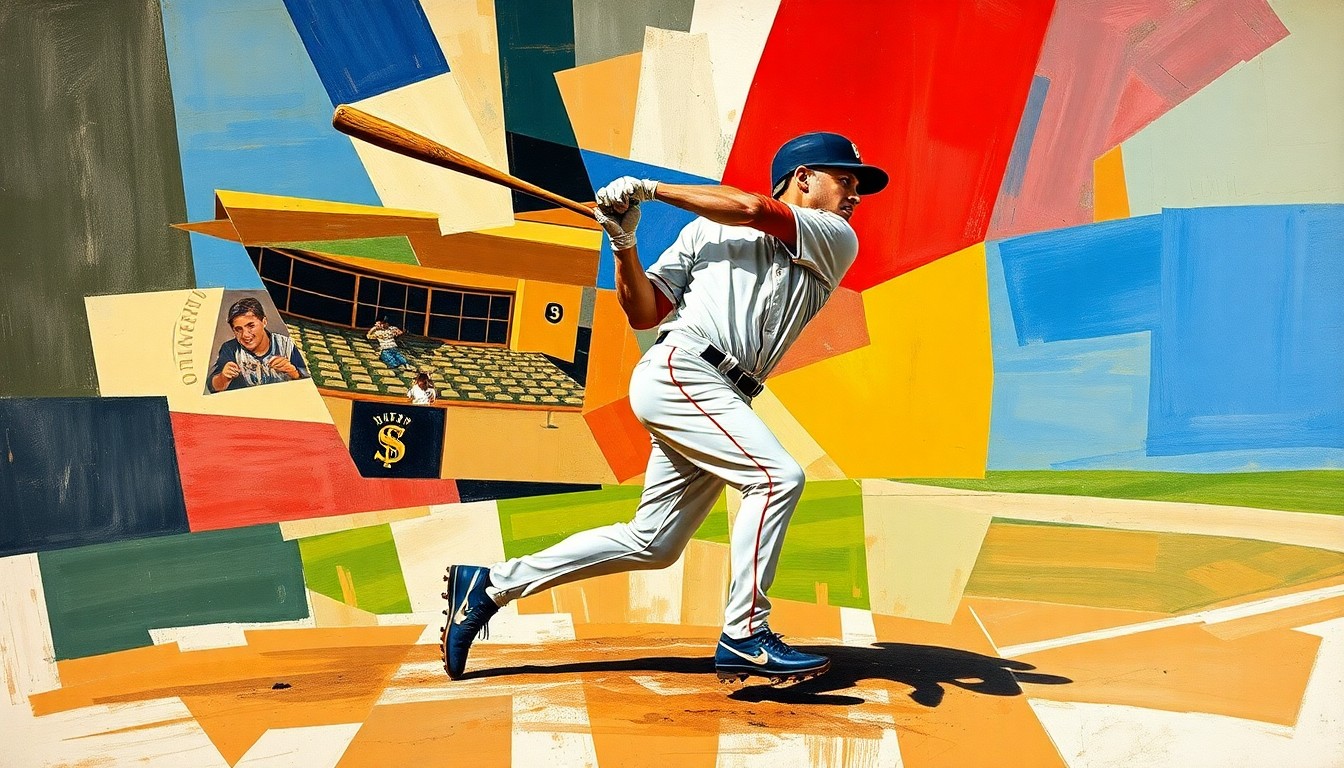A cubist-style painting that breaks down a baseball player's actions into sharp, overlapping geometric shapes, conceptually representing Brenton Doyle's resilience and determination to bounce back from a challenging season.