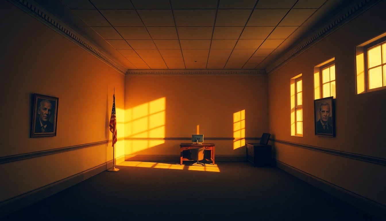 A quiet, cinematic painting of an empty government office space with warm, diagonal sunlight and deep shadows, conceptually illustrating the political tension and gridlock surrounding the DHS funding debate.