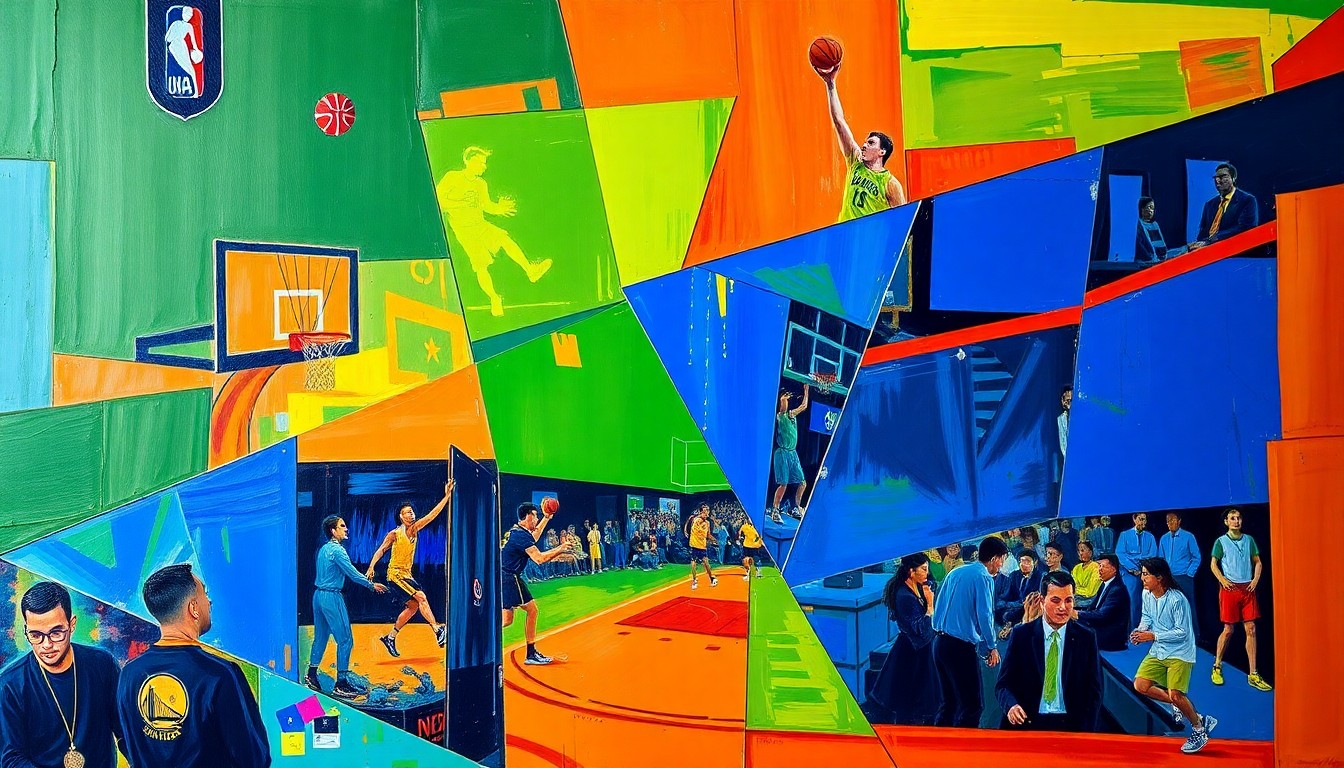 A cubist, geometric painting depicting a basketball game or playoff action, with sharp, overlapping planes of color representing the dynamic energy and tension of the matchup.