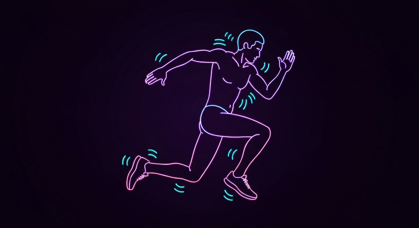 A dynamic, glowing neon outline illustration of a person performing an energetic exercise move, conceptually representing the benefits of timing workouts for optimal performance.