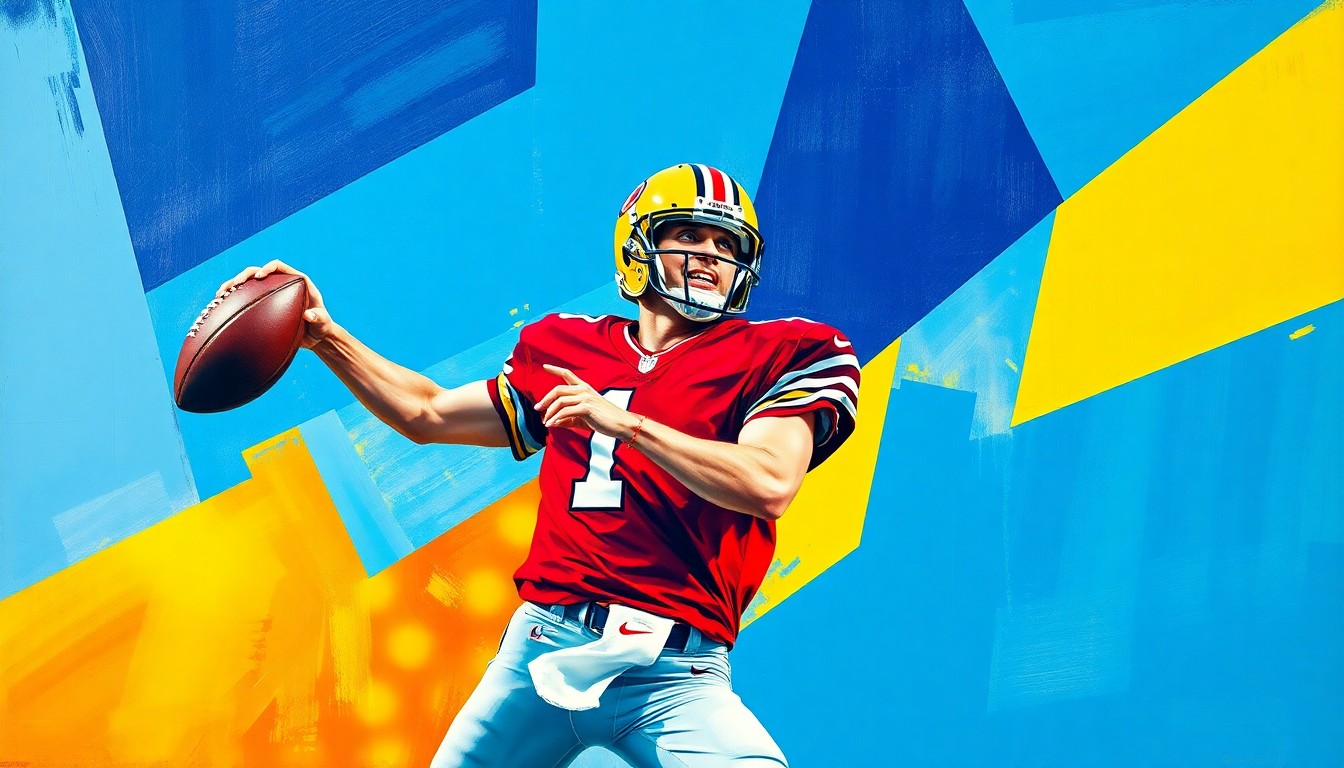 A cubist-style painting depicting a quarterback's throwing motion broken down into sharp, overlapping geometric shapes in vibrant colors, conceptually representing the multifaceted nature of Mayfield's contract extension with the Buccaneers.