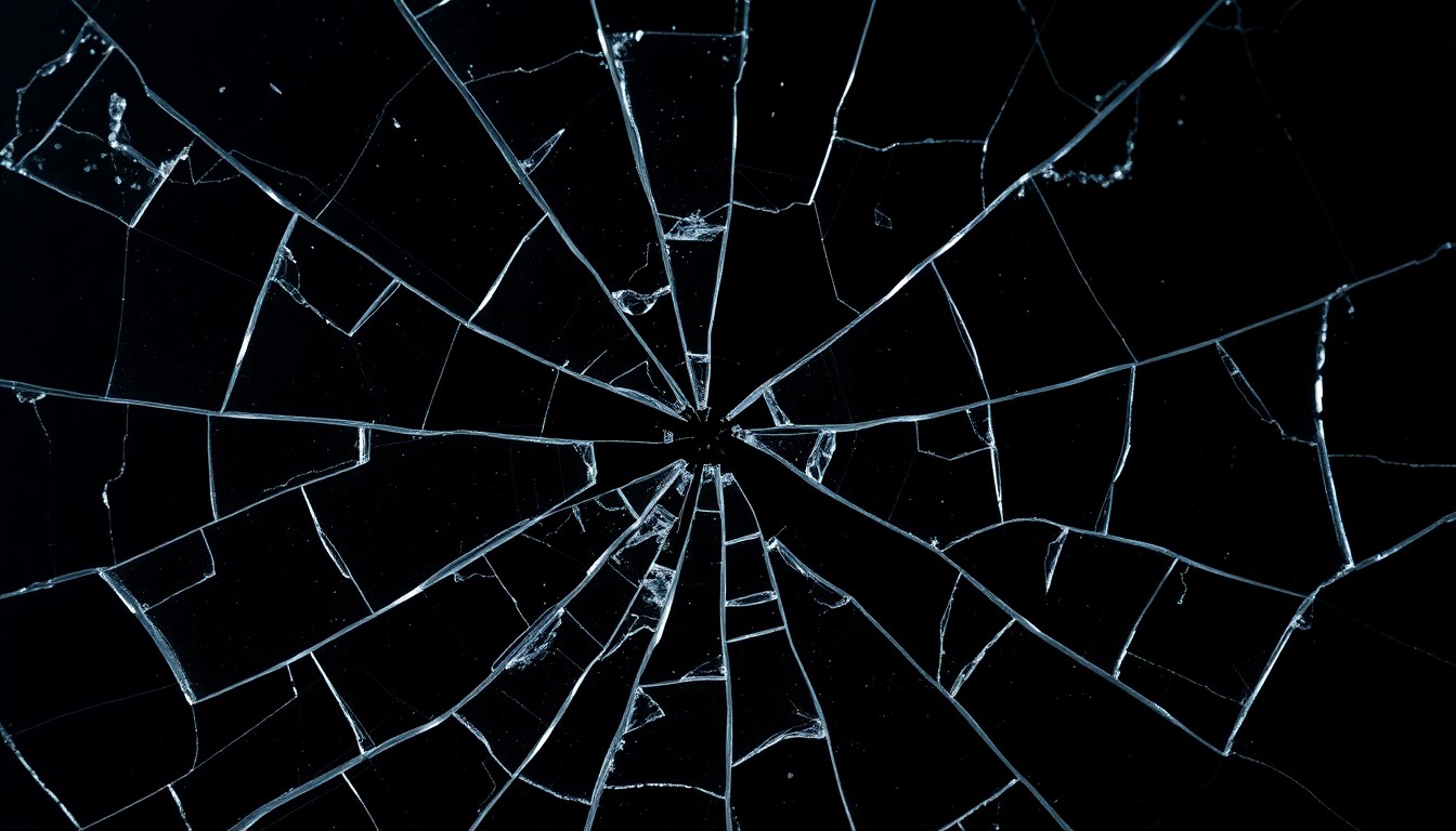An extreme close-up of a shattered, reflective glass surface, capturing the fragmented and dramatic nature of the television industry and the impact of cast changes on a popular show.