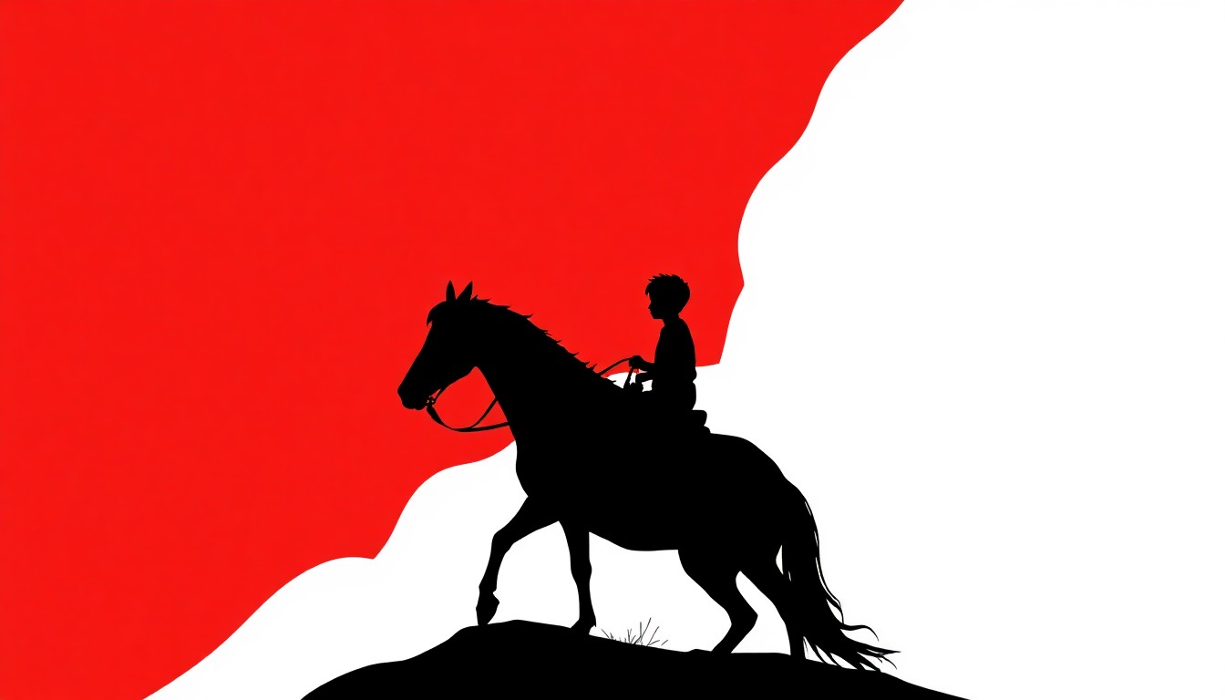 A minimalist, graphic illustration featuring a bold black silhouette of a young boy on a horse, set against a striking red and white background, conceptually representing the shocking death of a character in the TV series 'Deadwood'.