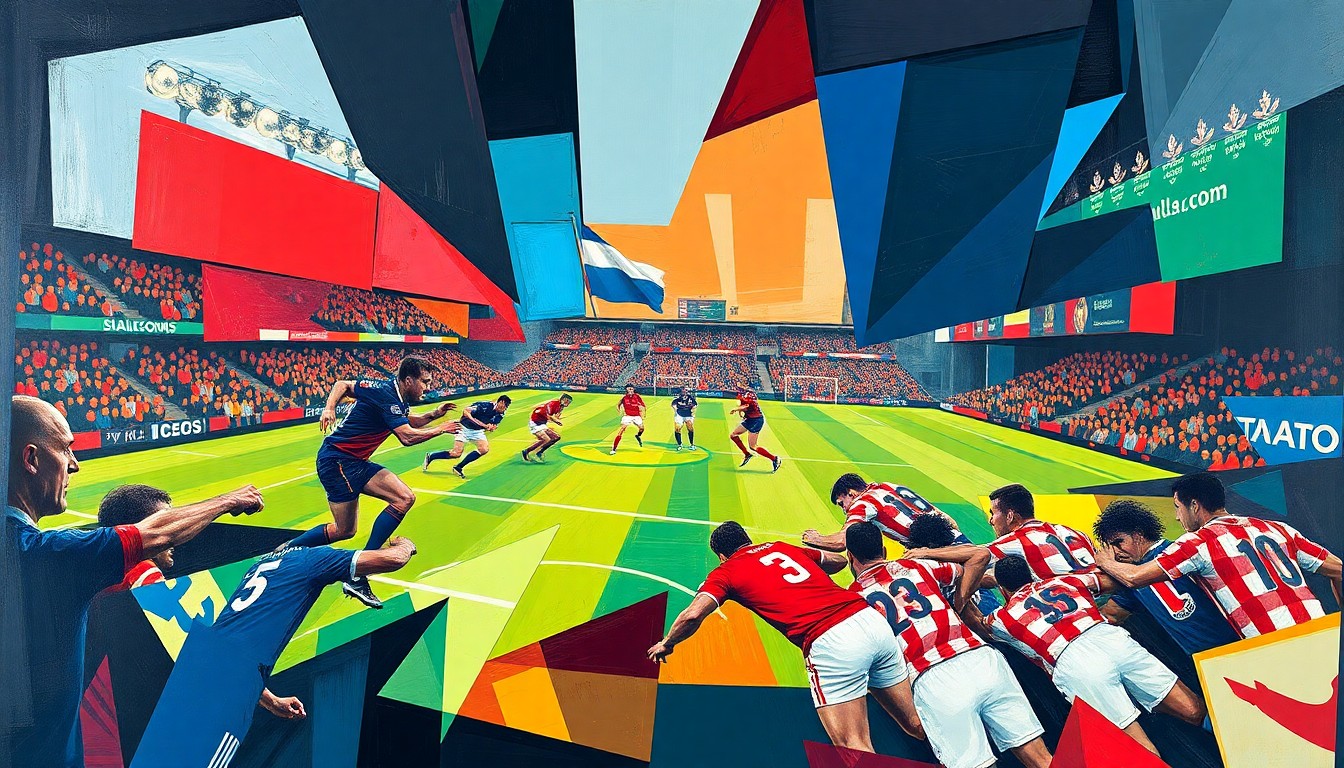 A fractured, geometric painting in vibrant blues, reds, and whites, capturing the dynamic movement and energy of a rugby match through overlapping planes and shapes.