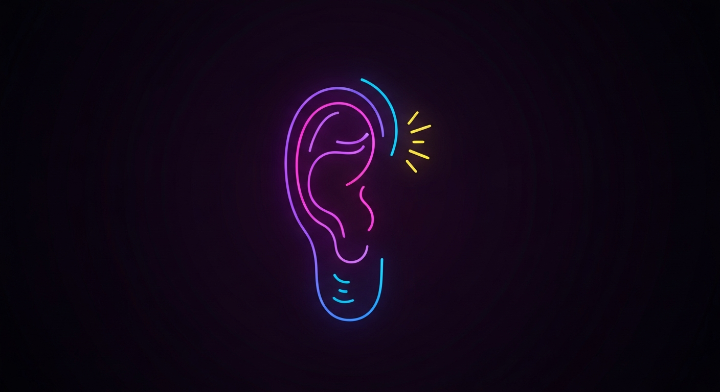 A glowing, vibrant neon outline of a human ear against a dark background, conceptually representing Sensorion's work in developing therapies to treat hearing loss disorders.