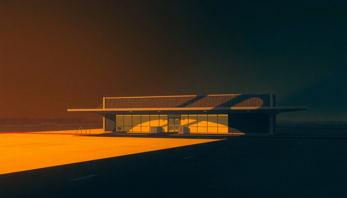A serene, cinematic painting of a solitary airport terminal building, its facade bathed in warm, diagonal sunlight and deep shadows, conceptually representing the complex legacy and cultural impact of renaming public spaces after political figures.