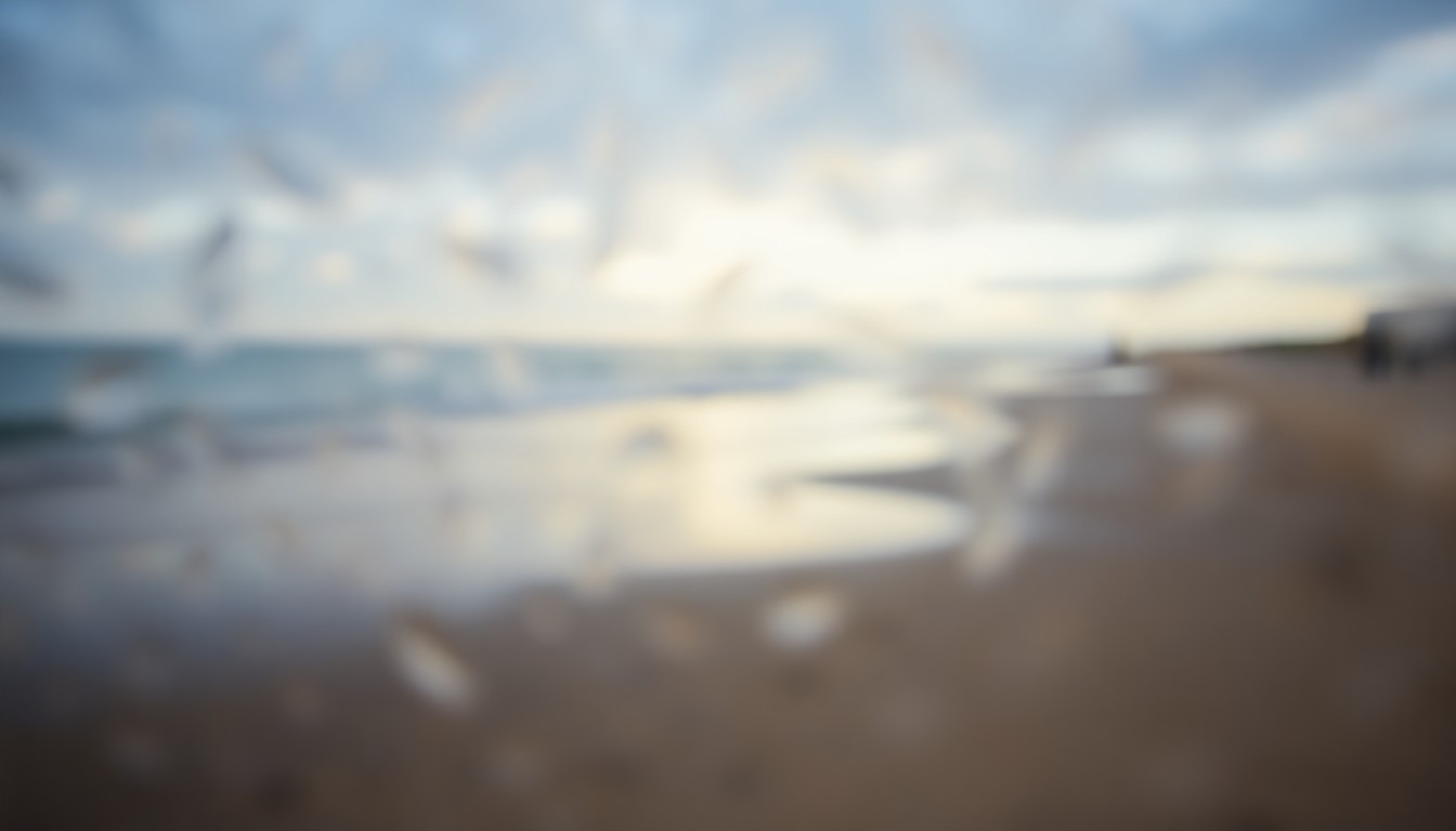 An impressionistic, out-of-focus photograph depicting a hazy, colorful scene of a beachside town, conveying the tranquil and atmospheric mood of the author's experience relocating to a coastal community.