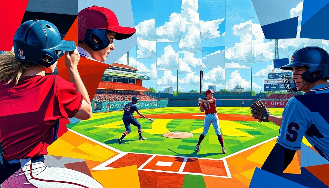 A cubist, geometric painting depicting a college softball game, with the players and field broken down into sharp, overlapping planes of color representing the different teams and their uniforms.