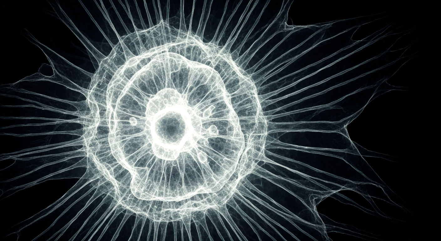 An abstract, ghostly X-ray image showing the intricate internal structures of a melanoma tumor cell, conveying the complex biological challenges of developing effective cancer treatments.