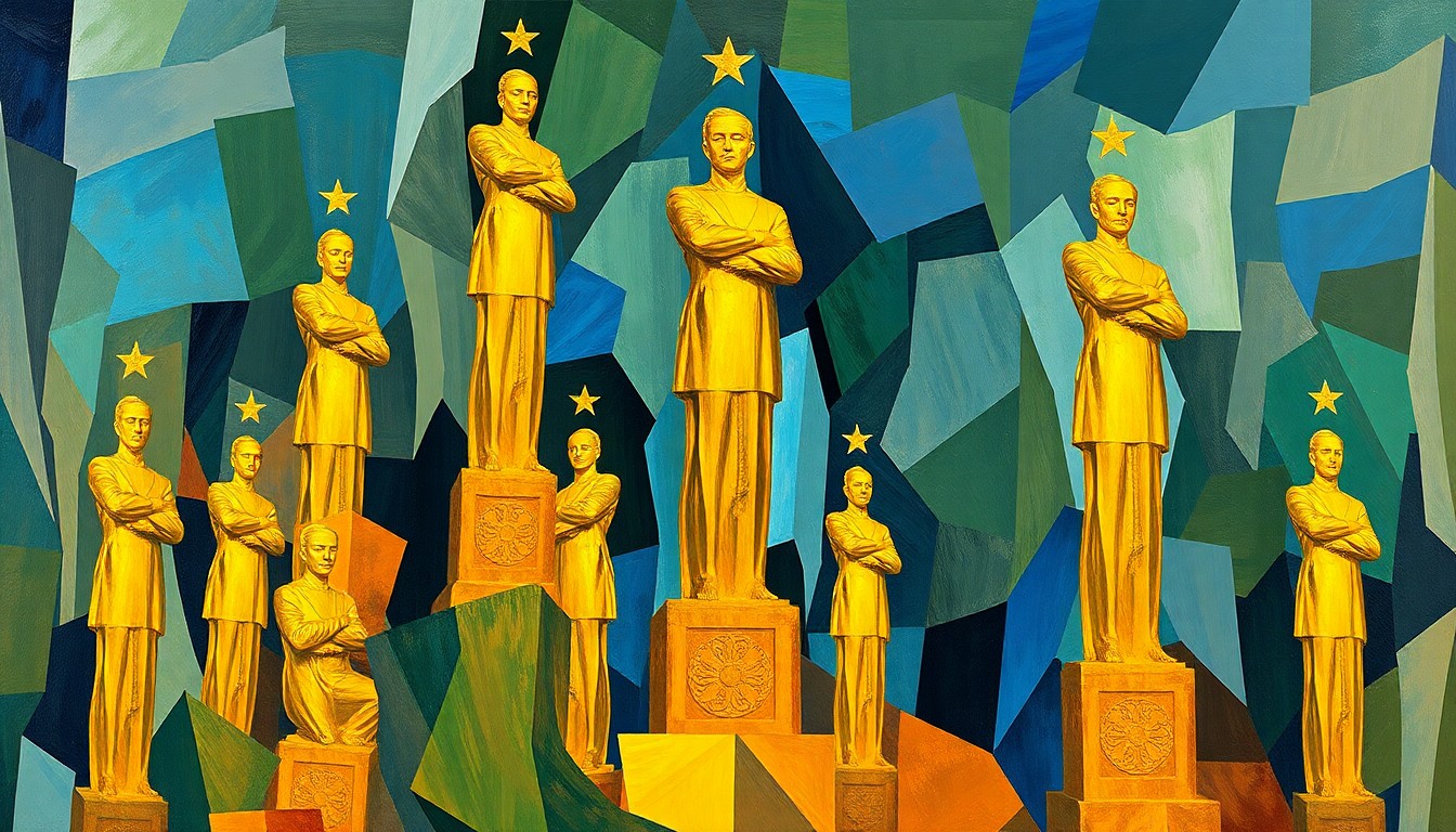 A highly stylized, abstract painting featuring a towering golden statue-like figure repeated in overlapping, geometric shapes and waves of color, conveying a sense of fragmentation and political tension.