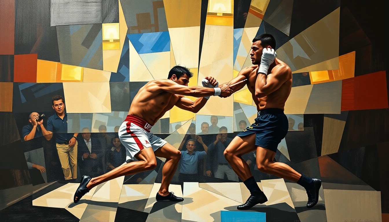 A cubist, geometric painting depicting a mixed martial arts match, with the fighters and the action broken down into sharp, overlapping planes of color and shape.