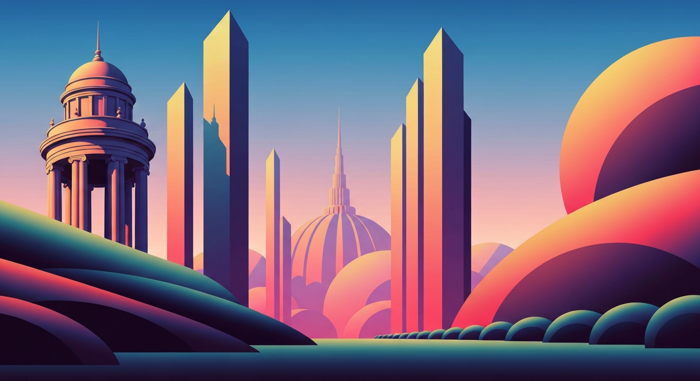 A highly stylized, geometric illustration depicting the grand scale and sweeping perspectives of modern air travel, with smooth gradients and streamlined forms conveying a sense of both the romance and challenges of the industry's current turbulent environment.