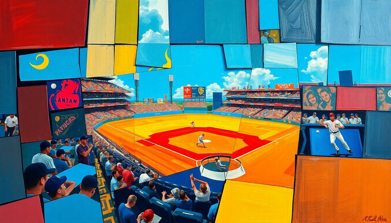 A cubist, fragmented painting depicting a baseball game or match, with sharp, overlapping geometric shapes in vibrant colors like royal blue, crimson red, and golden yellow, conceptually representing the disruption caused by a rookie's oversleeping incident.