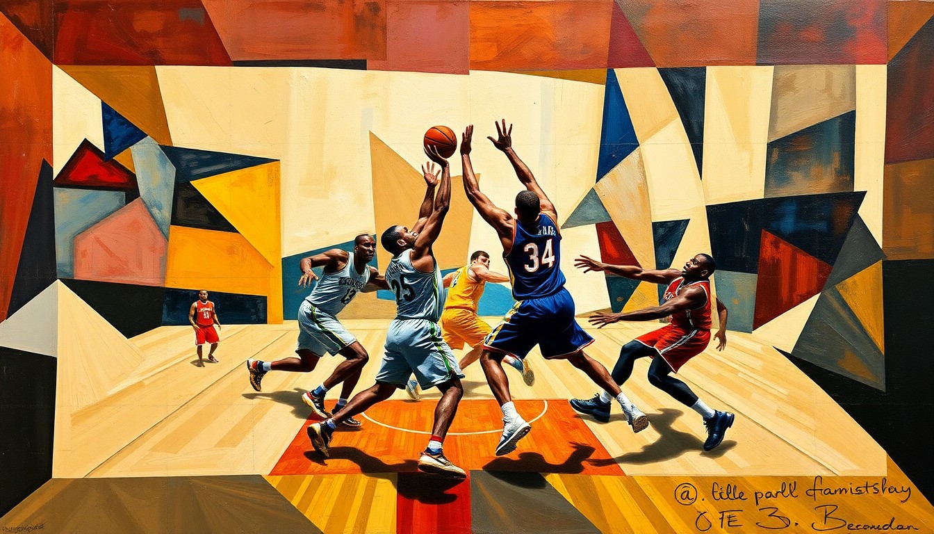 An abstract, cubist-style painting depicting a basketball game, with the players' forms broken down into sharp, geometric shapes that convey the dynamic energy and movement of the sport.