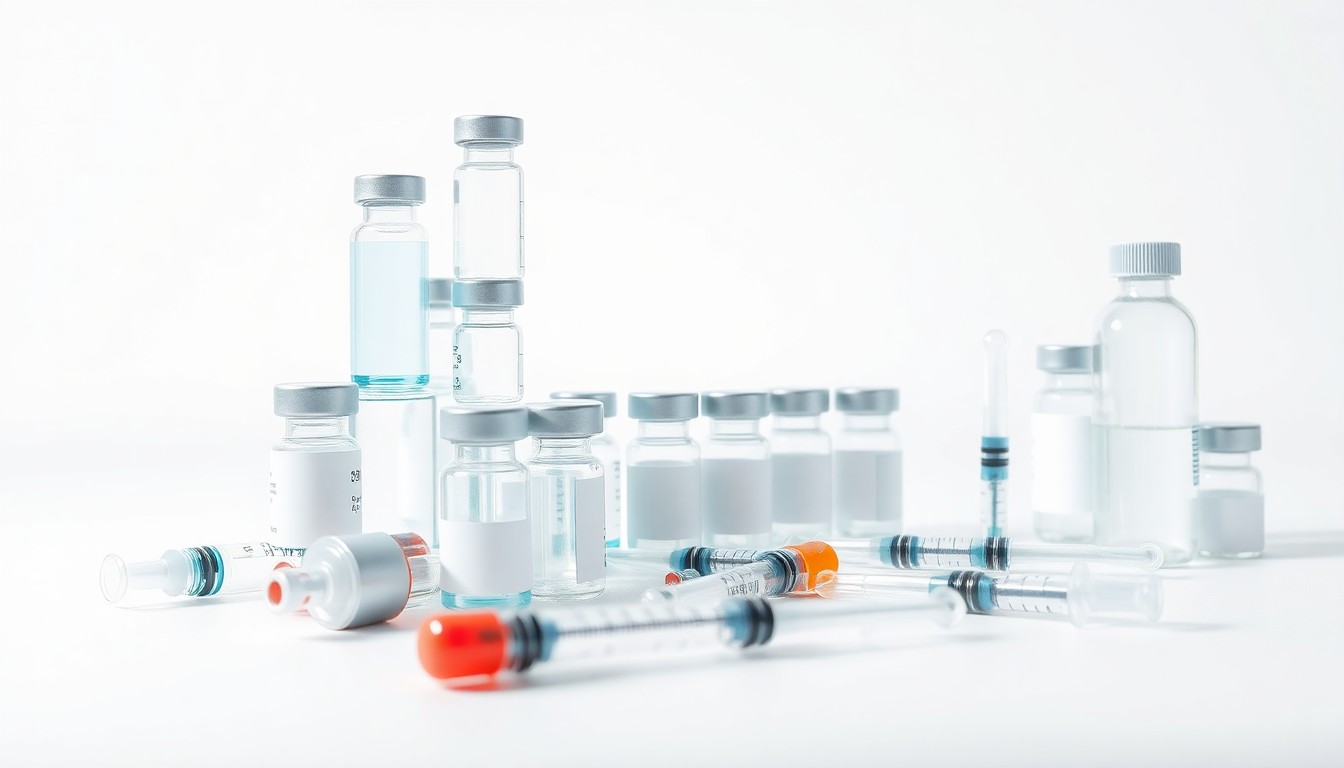 A photorealistic studio still life featuring a stack of pharmaceutical vials, syringes, and other medical equipment arranged elegantly on a clean, white background, conceptually representing the abstract ideas of biotechnology and drug development.