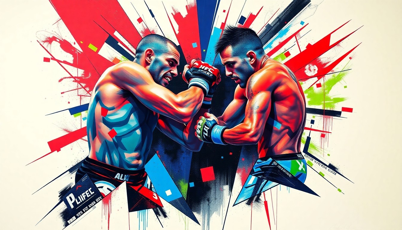 A fragmented, geometric painting depicting the intense action of a mixed martial arts fight, with sharp planes of color and overlapping perspectives capturing the raw energy of the matchup.