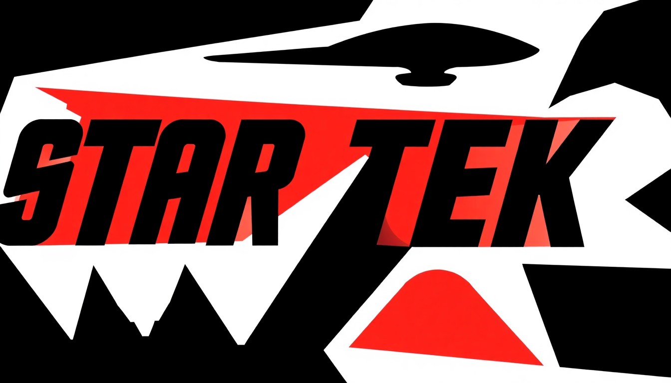 A striking abstract composition featuring jagged, geometric shapes in bold red and white, conceptually representing the original Star Trek movie series and its enduring legacy.