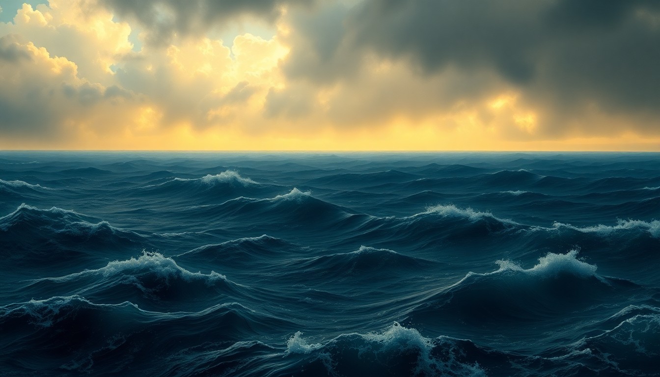 A sweeping, atmospheric landscape painting depicting the stormy, churning waters of the Pacific Ocean, with a distant, hazy landmass on the horizon, conveying the sublime scale and power of the natural world.