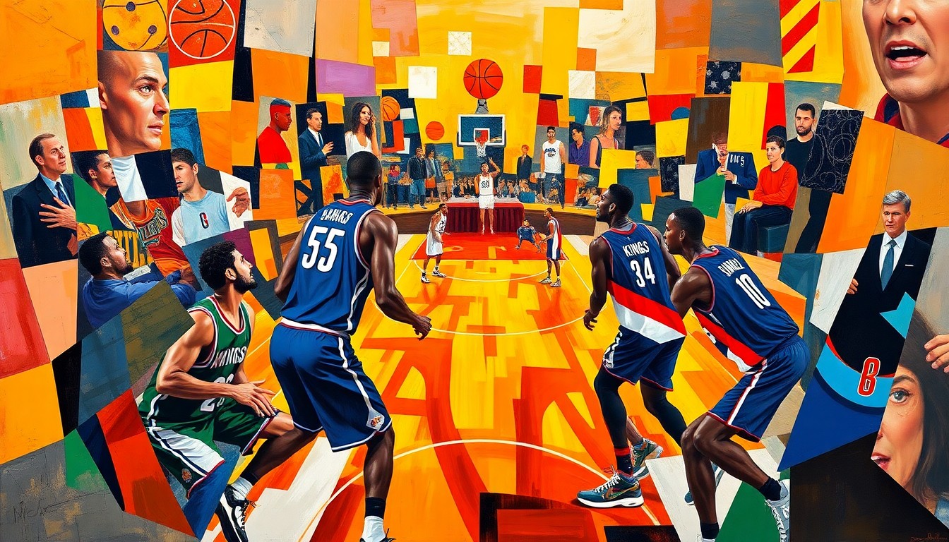 A cubist-style painting depicting a basketball game, with the players' forms broken down into geometric shapes and planes of vibrant colors representing the Kings and Blazers uniforms.