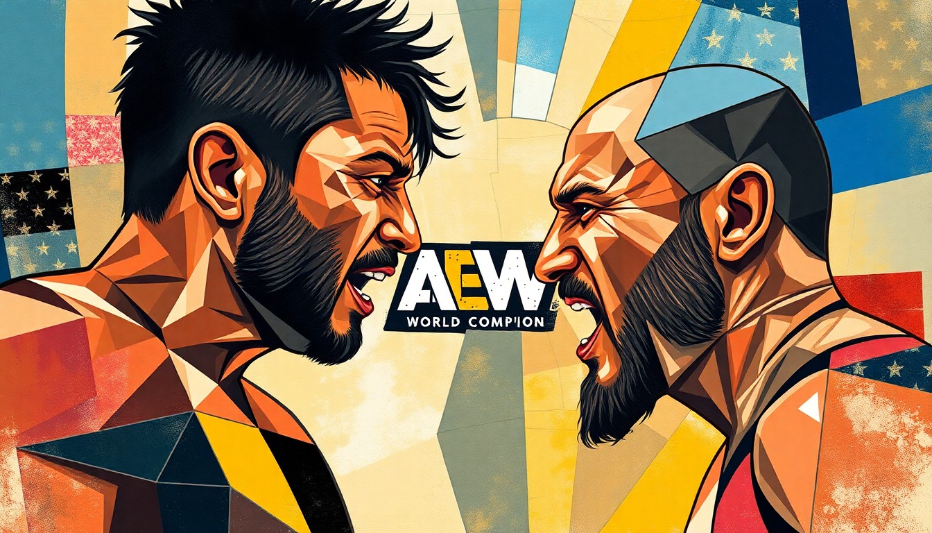 A cubist, geometric painting depicting the chaotic action of the AEW World Championship match, with fragmented, overlapping shapes and planes representing the wrestlers' movements and the dramatic moments of the bout.