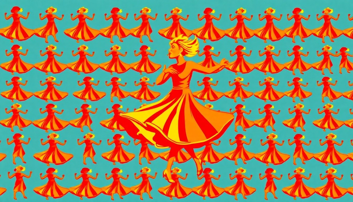 A vibrant, abstract silkscreen illustration depicting a Zydeco dancer in mid-spin, their flowing skirt and arms creating a sense of movement and rhythm, representing the joyful spirit of the Scott Boudin Festival.