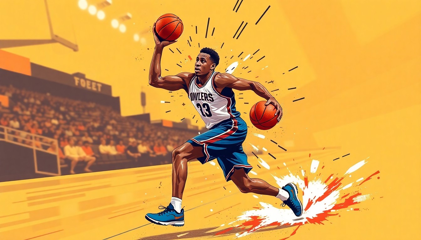 A cubist-style painting featuring sharp, overlapping geometric planes that deconstruct and reinterpret the movements and energy of a basketball player in action.