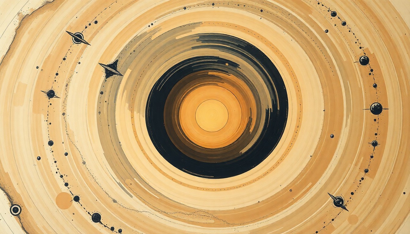 A highly structured abstract painting in soft, earthy tones, featuring sweeping geometric arcs, concentric circles, and precise spirals, conceptually representing the powerful cosmic forces that created Meteor Crater.