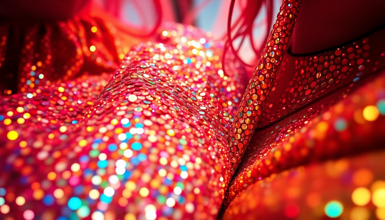 An abstract close-up photograph featuring a dazzling array of shimmering, high-contrast textures and materials in bright, saturated colors, evoking the glamour and excitement of a music festival.