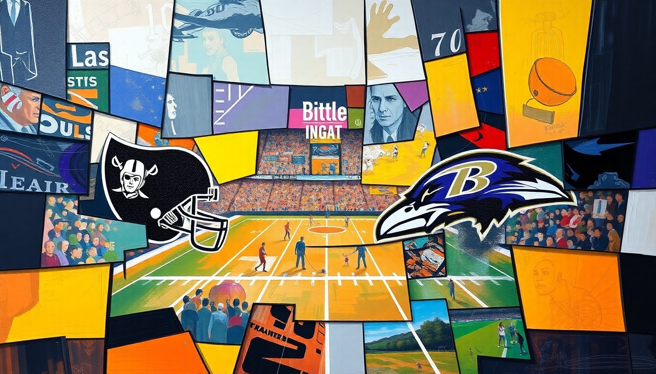 A cubist, geometric painting depicting a fractured, multi-perspective football game, with sharp, overlapping planes of color and form representing the complex negotiations and high stakes involved in a potential trade for the Ravens' star quarterback.