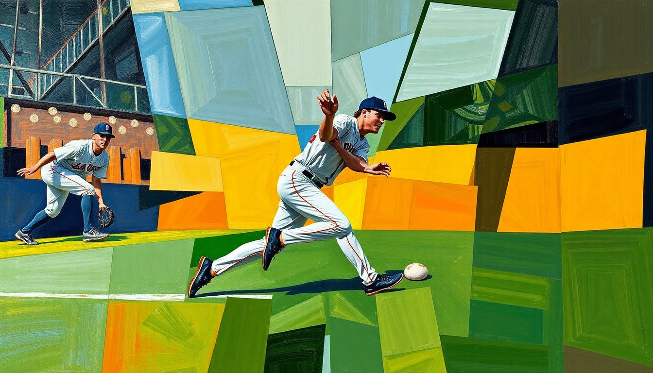 A cubist-style painting depicting a baseball player sliding into a base, with the action broken down into sharp, overlapping geometric shapes in a vibrant color palette, conveying the dynamic and unpredictable nature of the Braves' stolen base strategy.