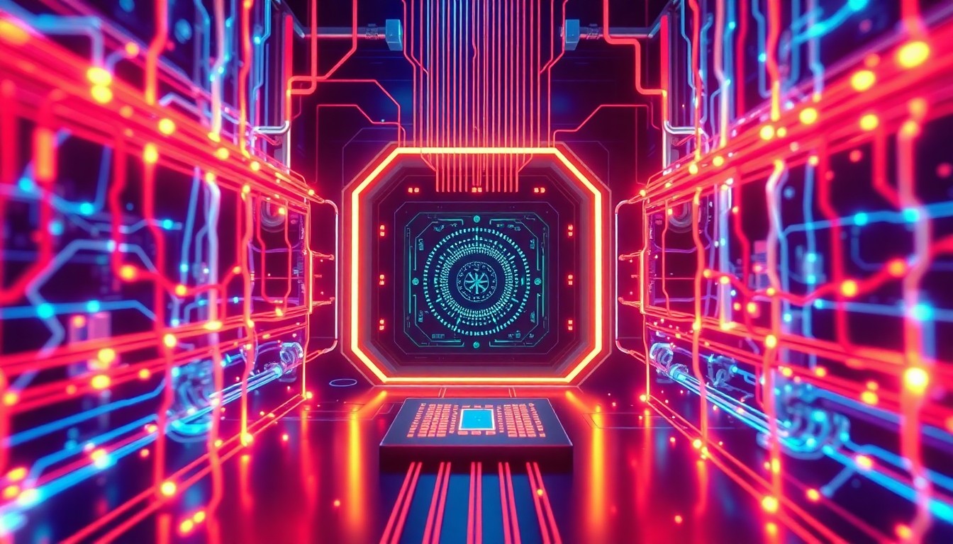 A highly detailed, glowing 3D macro illustration of a futuristic, neon-lit AI neural network, with pulsing cables, luminous processors, and a central control panel, conceptually representing the technological advancements and legal complexities surrounding AI-driven content creation.