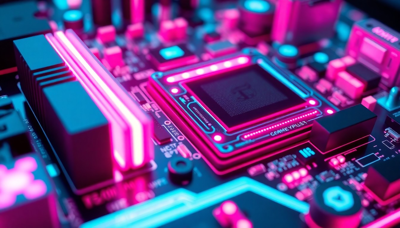 A highly detailed, glowing 3D illustration of a futuristic game console component, with intricate circuit traces and heat sinks illuminated by neon cyan and magenta lights, conceptually representing the advanced AI-driven visual enhancements coming to the PS5 Pro.