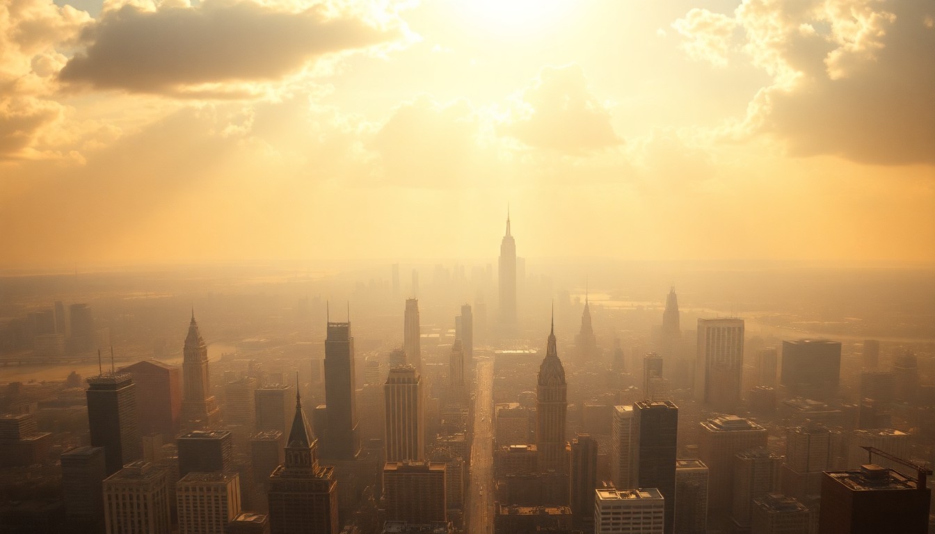 A sweeping, atmospheric landscape painting depicting the Philadelphia skyline shrouded in a hazy, golden glow, with the city's landmarks dwarfed by the overwhelming scale of the weather conditions.