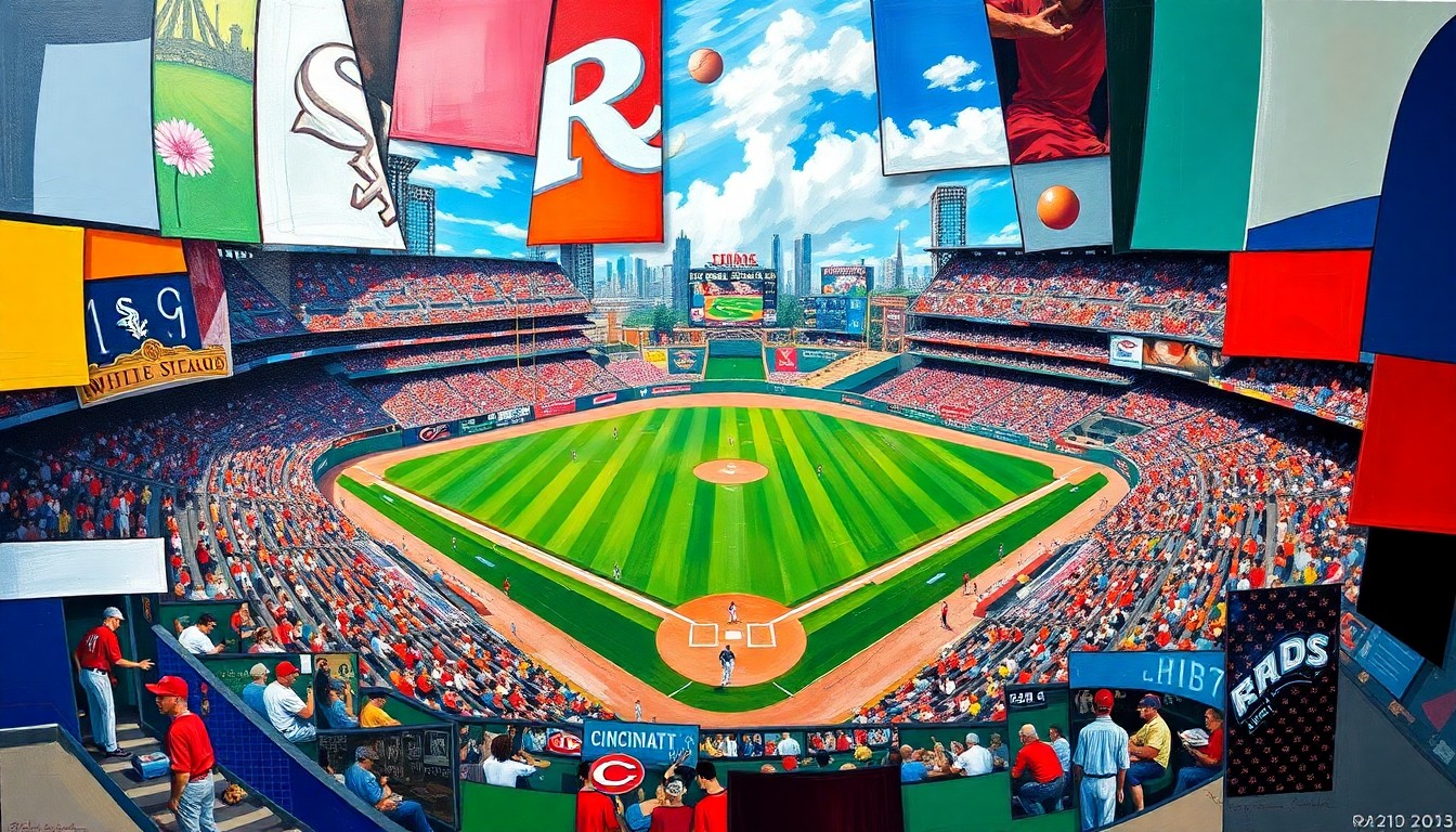 A fragmented, geometric painting depicting a baseball game or match, with sharp planes of color representing the players and field of play.