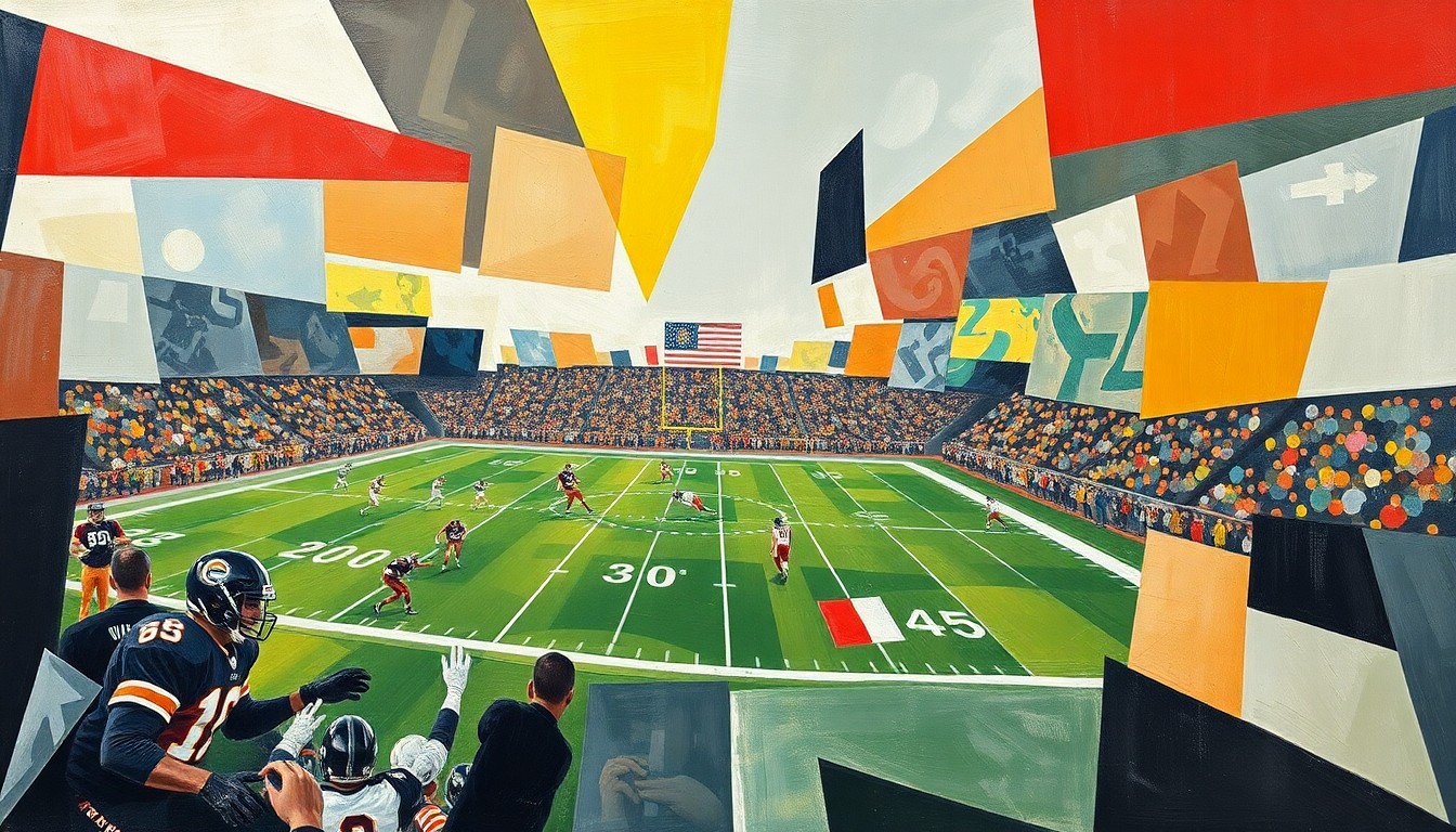 A cubist, geometric painting depicting a fragmented football field, with players and equipment broken down into sharp, overlapping shapes and planes, conveying the complex strategic decisions facing the Rams as they prepare for the upcoming draft.