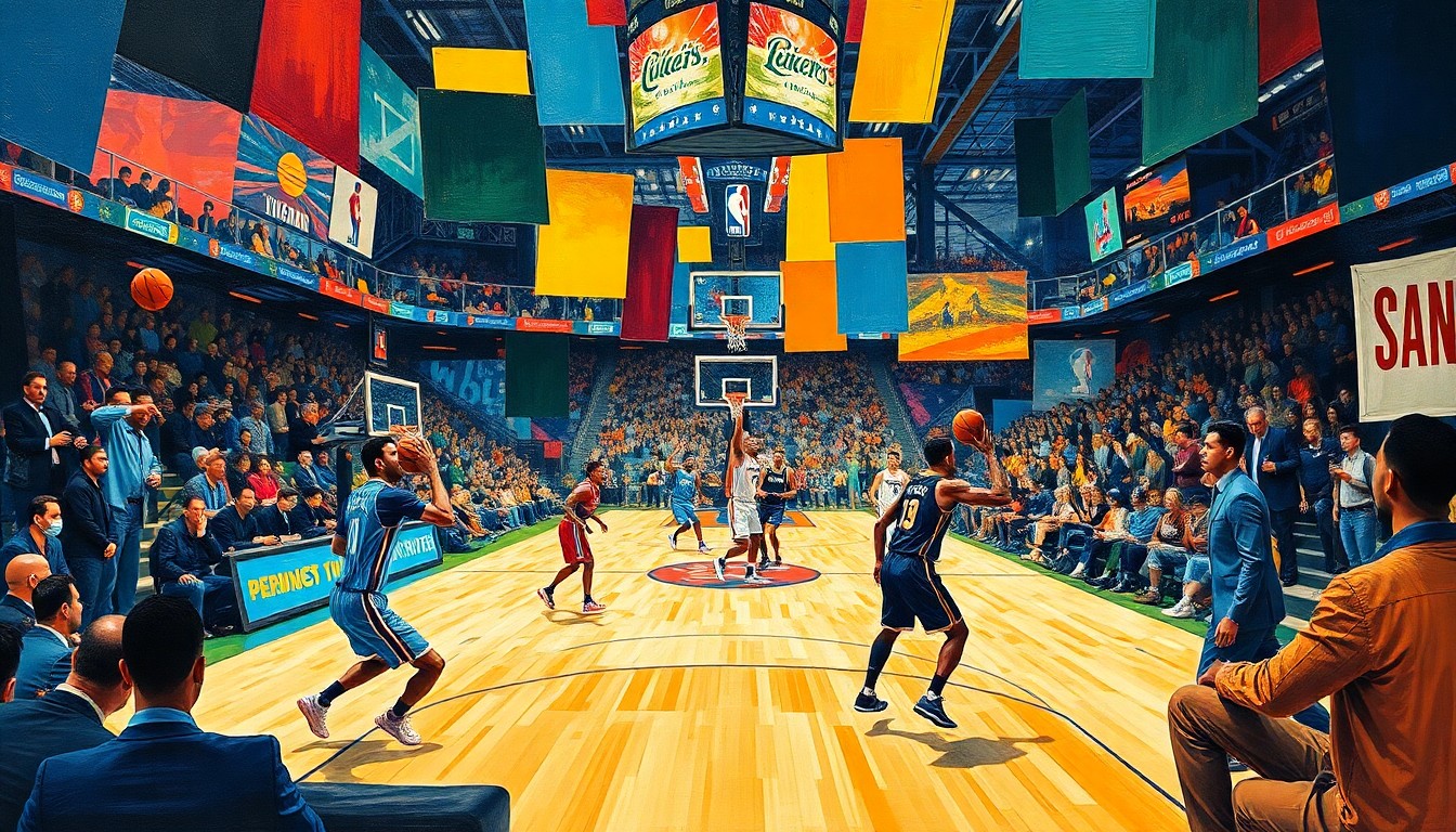 A cubist, geometric painting depicting an NBA basketball game in motion, with fragmented, overlapping shapes and planes of color representing the players, court, and crowd.