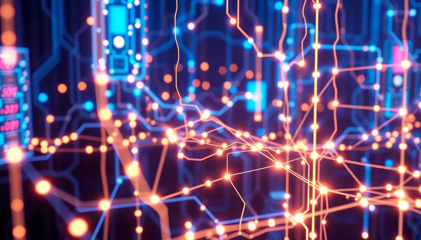 A highly detailed, glowing 3D illustration of a complex network of illuminated wires, circuits, and data flows, representing the digital infrastructure and AI-powered tools being integrated into the modern workplace. The image conveys a sense of both the power and the uncertainty surrounding the increasing use of AI in business operations.