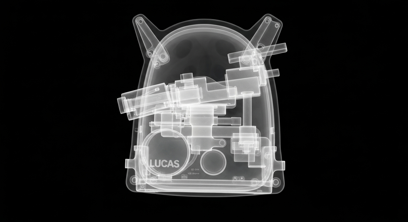 A ghostly, translucent X-ray image revealing the internal components of a LUCAS chest compression device, conceptually illustrating the technology's ability to automate critical life-saving functions.
