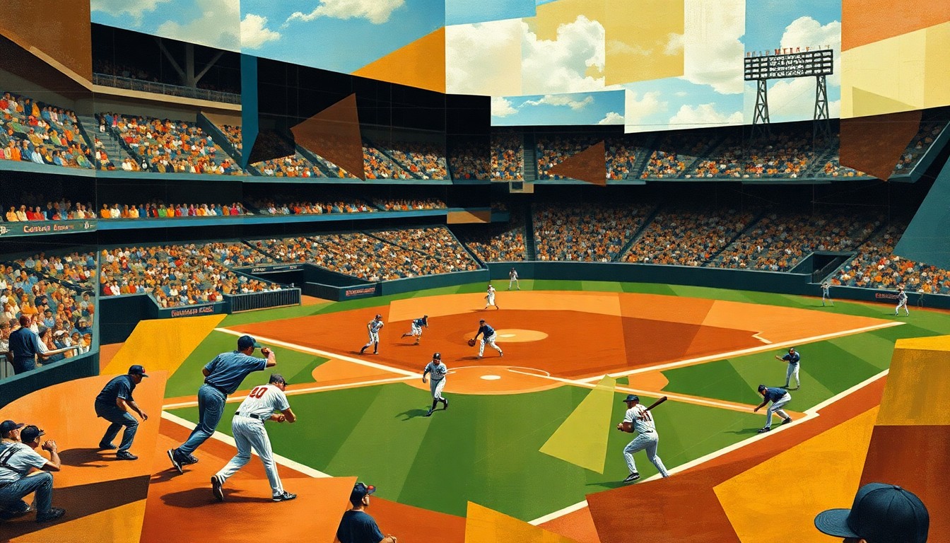 A fractured, geometric painting depicting a baseball game or match, with players and the field broken down into sharp, overlapping planes of color and shape, conveying the raw energy and movement of the sport.