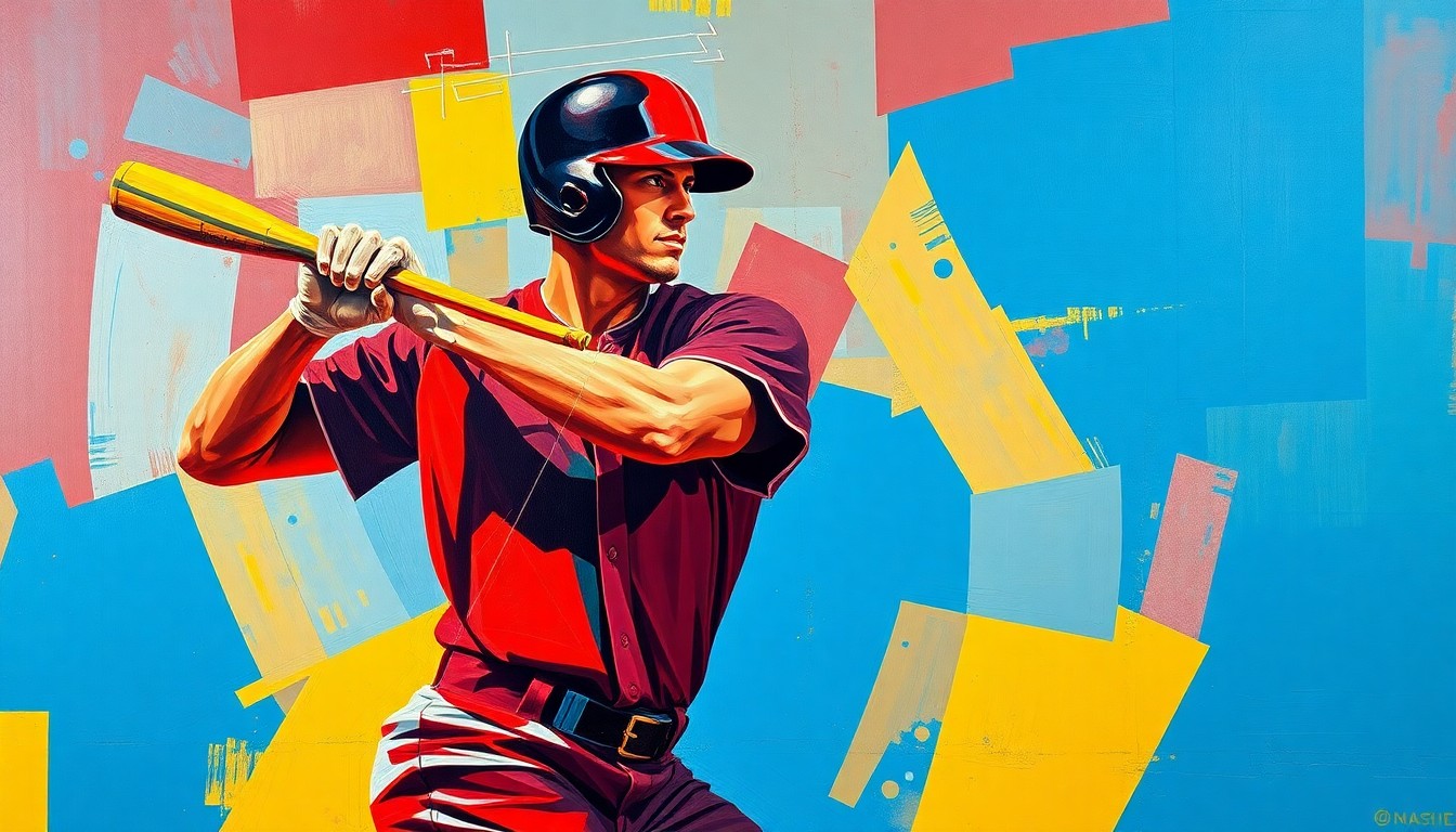 A cubist-style painting depicting a baseball player in mid-swing, with their body broken down into sharp, overlapping geometric shapes in a vibrant color palette, conceptually representing the evolving landscape of professional baseball and the global reach of the sport.