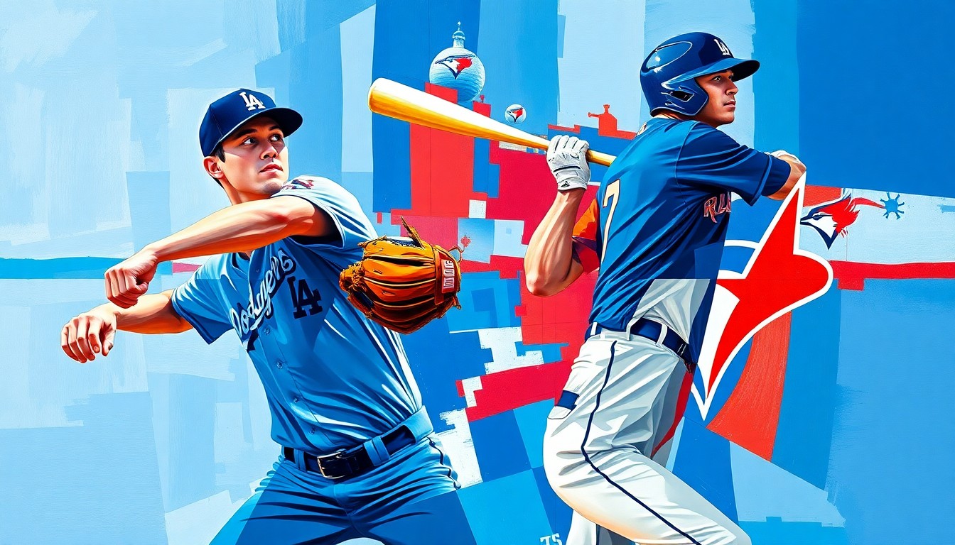 A cubist, geometric illustration depicting Shohei Ohtani's pitching and batting motions in a fractured, multi-perspective style, using vibrant colors to capture the dynamic interplay of his two-way talents.