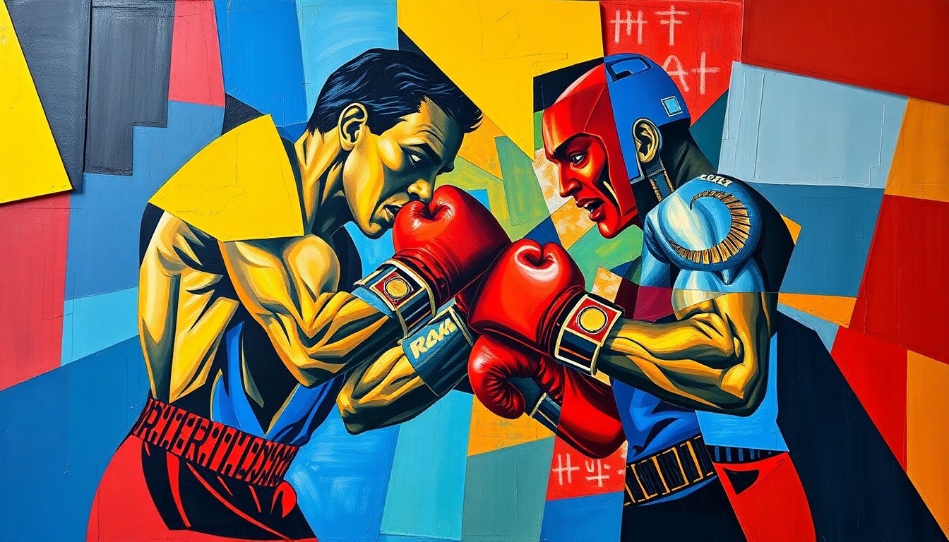 A cubist-style painting depicting a boxing match, with the athletes and ring broken down into sharp, overlapping geometric shapes in a vibrant color palette of blues, reds, and yellows, capturing the raw energy and intensity of the sport.