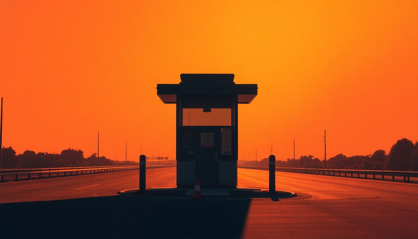A photorealistic painting of a lone tollbooth on the Dallas North Tollway, with the road stretching out in the distance under a warm, golden light. The scene has a nostalgic, cinematic quality, capturing the quiet solitude of the tollbooth against the backdrop of the urban landscape.