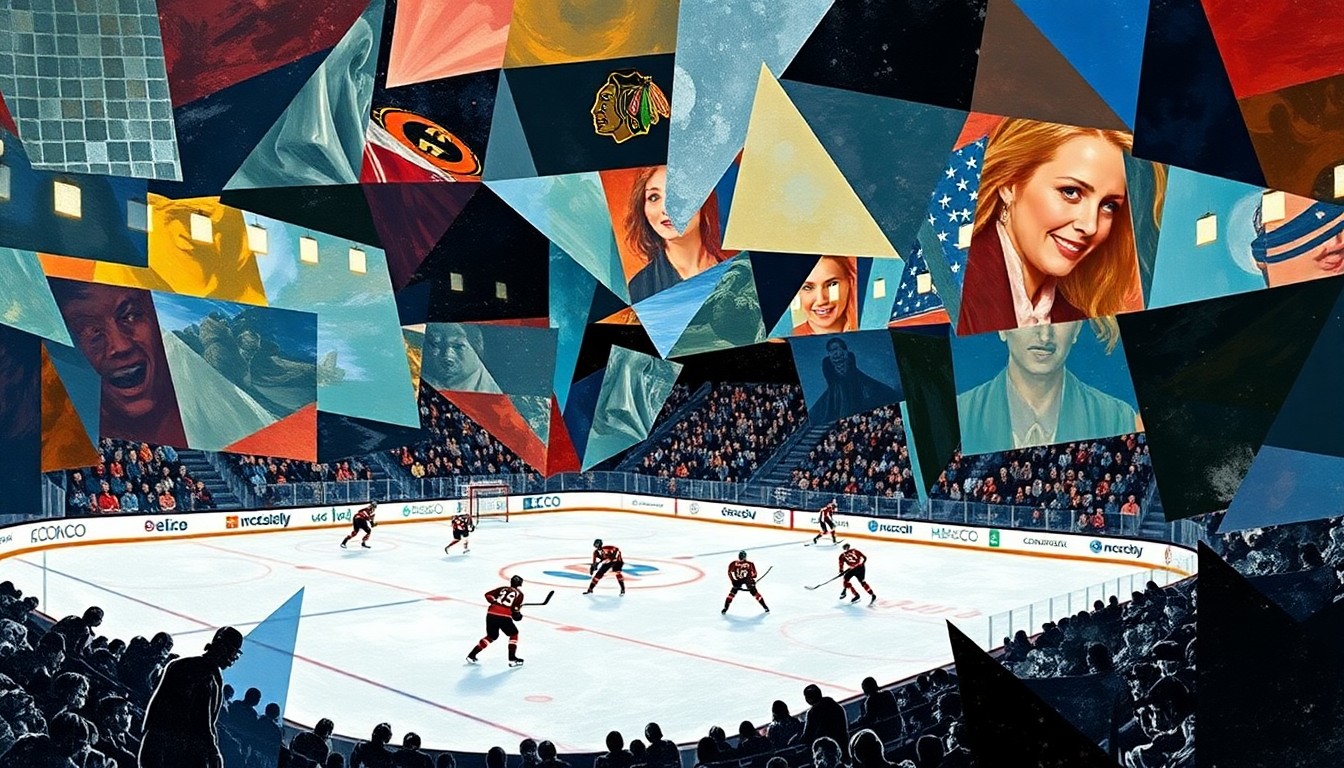 A cubist, geometric painting depicting a hockey game or match, with the players and arena broken down into abstract shapes and planes of color, capturing the raw energy and dynamics of the sport.