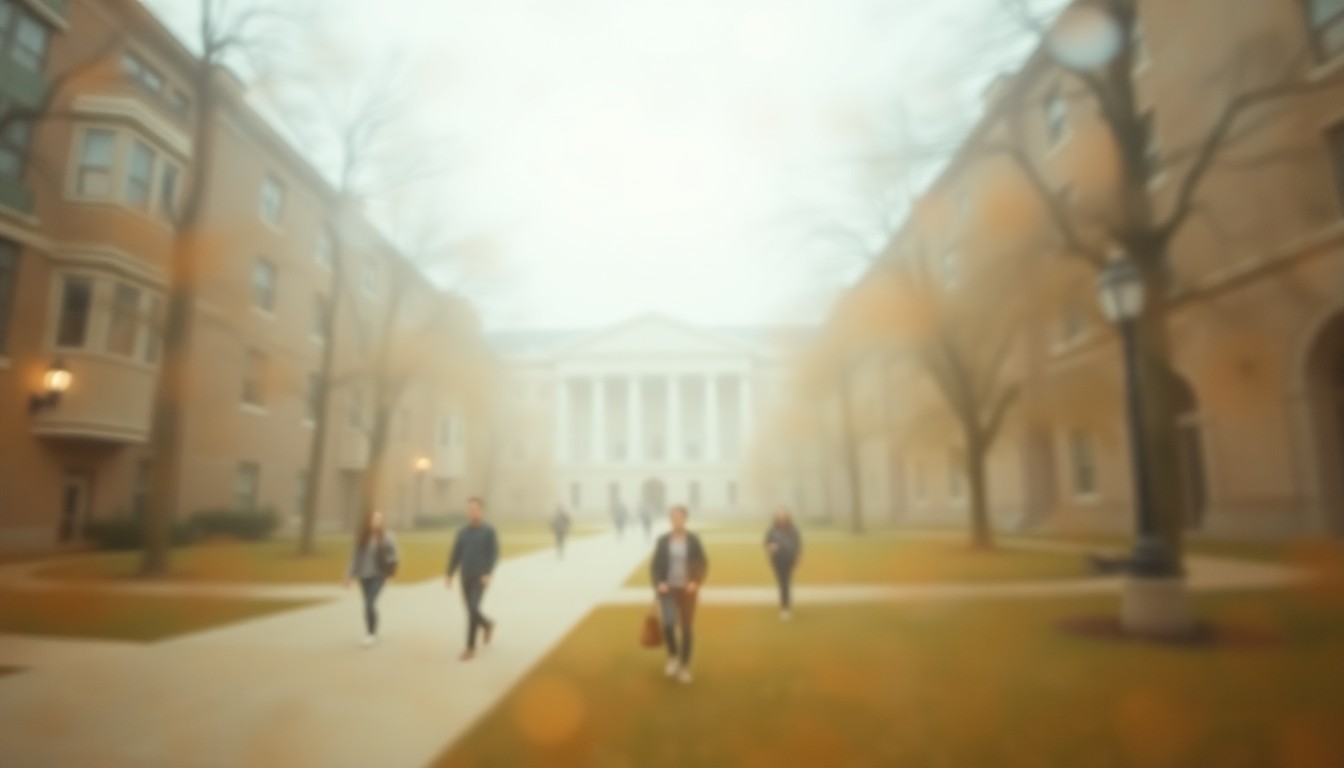 An abstract, impressionistic photograph of a college campus scene, with soft, blurred shapes and colors evoking a sense of contemplation and unease.