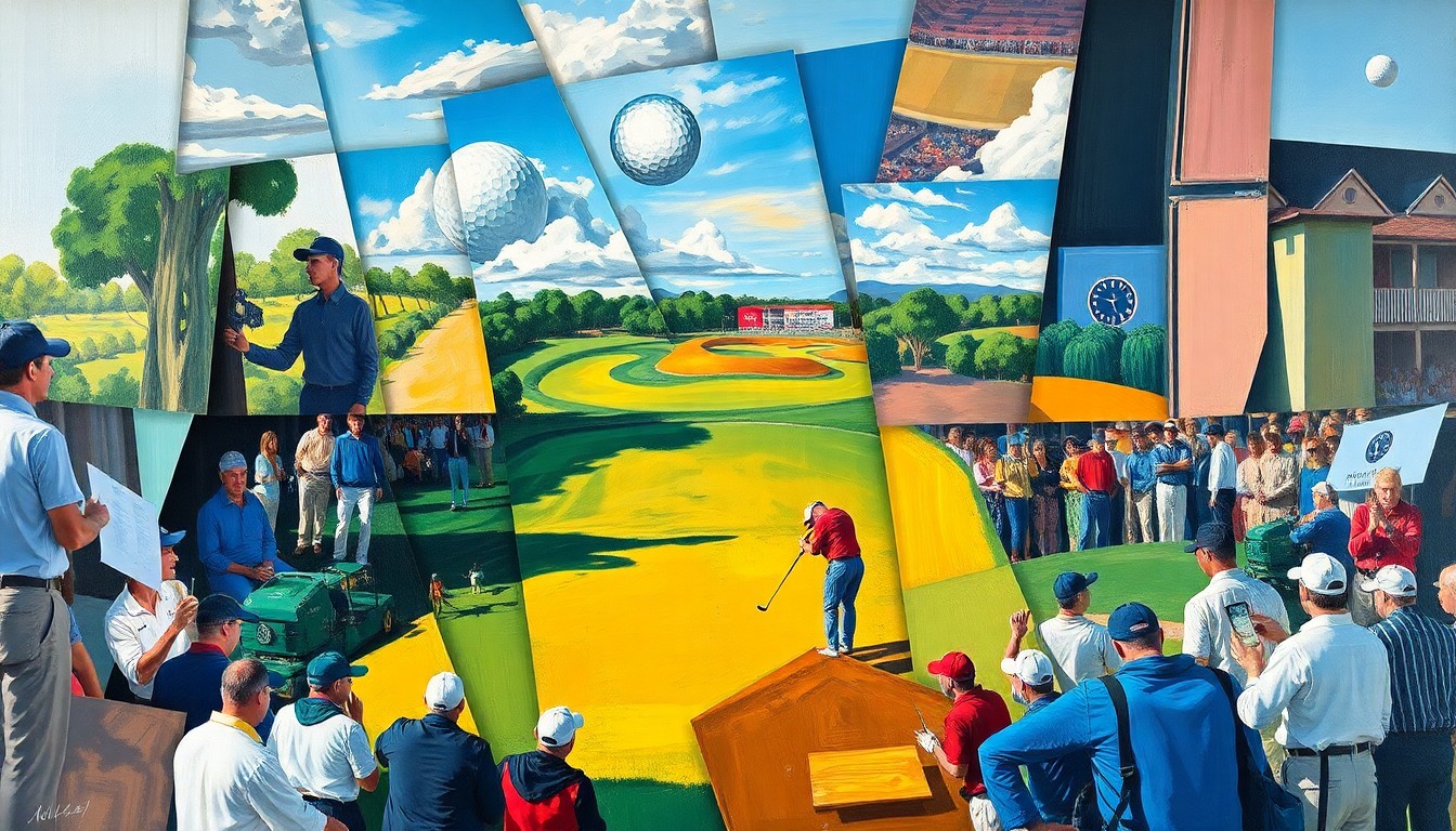 A fragmented, cubist-style painting depicting a golf tournament, with sharp geometric planes and overlapping perspectives, capturing the dynamic and unpredictable nature of the event.
