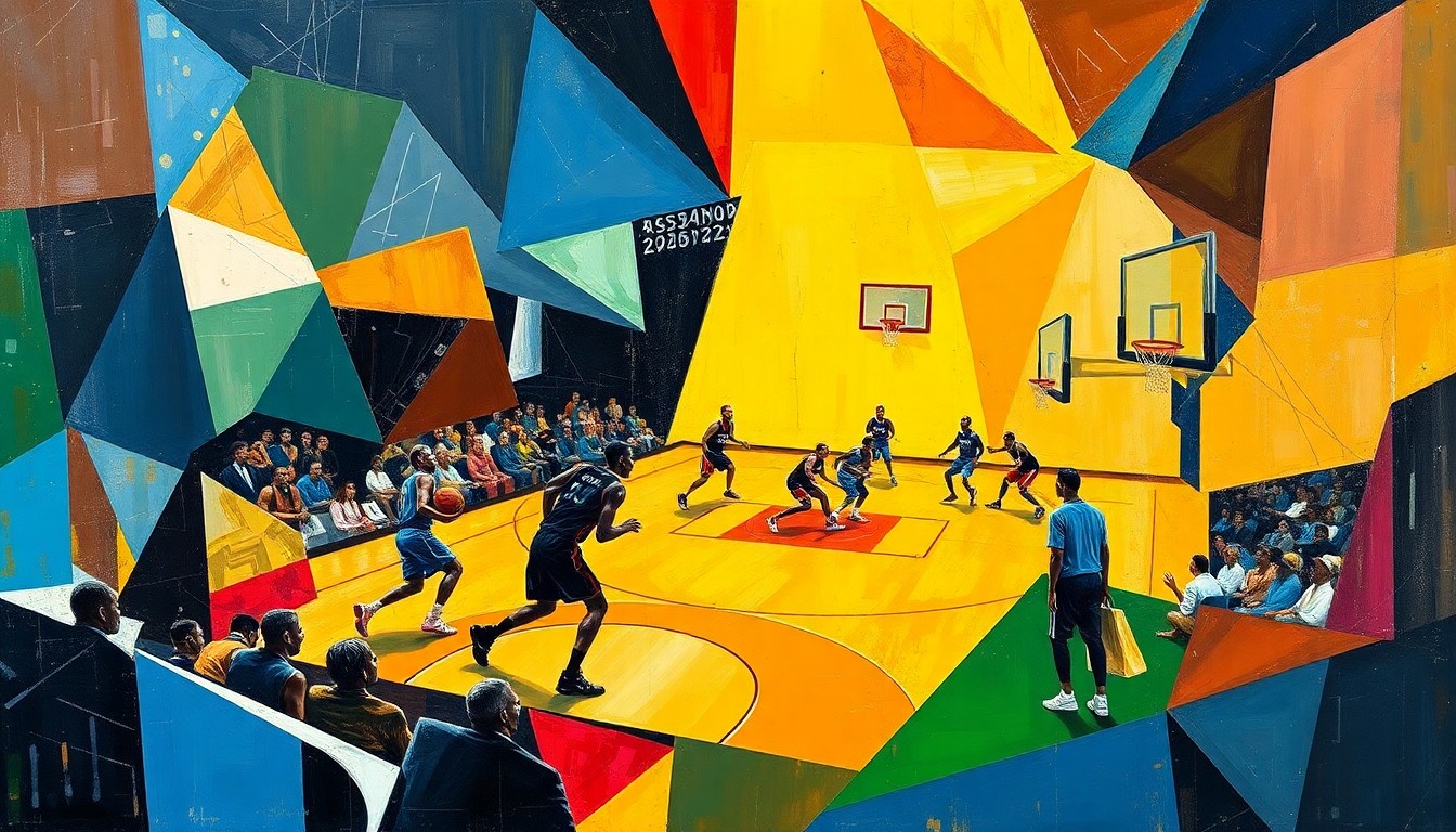 A fragmented, geometric painting depicting a basketball court and players in an abstract, cubist style, representing the complex challenges facing the Kansas Jayhawks as they navigate Coach Self's health scare.