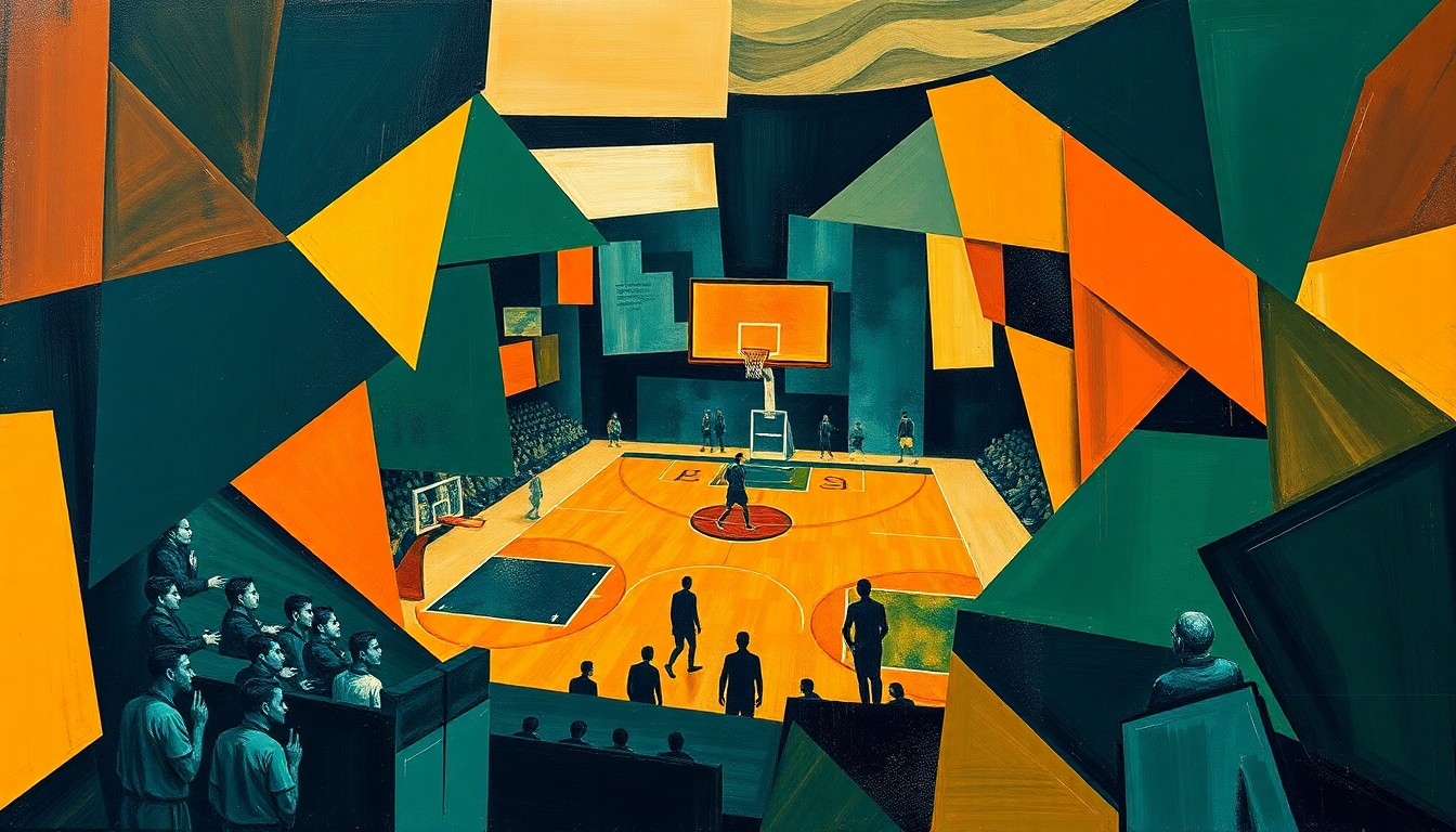 A fractured, multi-perspective painting depicting a basketball game broken down into sharp, overlapping geometric planes in a palette of deep navy, forest green, and burnt orange, conceptually representing the rebuilding process of the USF men's basketball program.